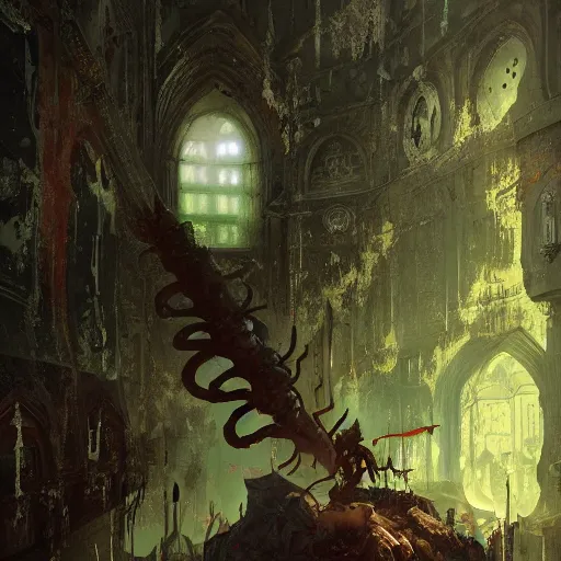 Prompt: The palace was damp and dark, with mold growing in every nook and cranny, The walls were covered in green and black slime with a figure standing in the center of the room in the style of anime by Peter Mohrbacher, anime trending on artstation, HD,