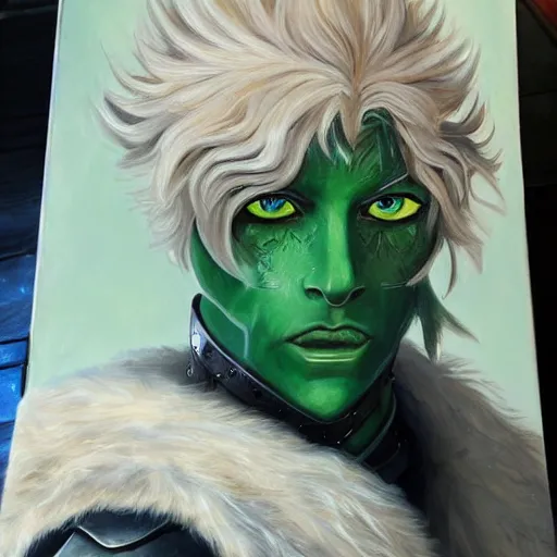 Prompt: oil painting of a beautiful platinum blond curly haired cleanshaven himbo with heterochromia, one blue eye one green eye, wearing heavy armor, d & d fantasy concept art