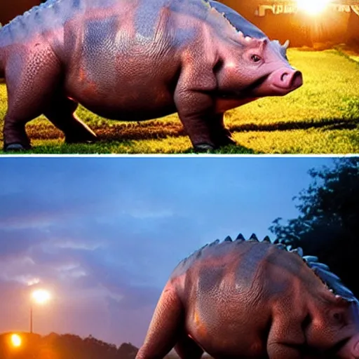 Prompt: dinosaur turn into pig, beautiful lighting