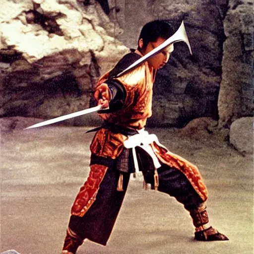 Image similar to xianxia fantasy, xuanhuan martial artist fighting european knight, chinese swordsman fighting medieval european swordsman, fantasy, wuxia, pseudo - medieval fantasy, cinematic, 1 9 8 6 movie screenshot, french swordsman fighting chinese swordsman