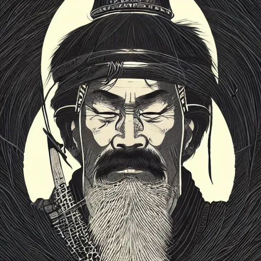 Prompt: mcbess illustration of an old samurai who has seen the world many times, intricate complexity, by greg rutkowski, artgerm, ross tran, conrad roset, takato yomamoto, ilya kuvshinov. 4 k, beautiful, cinematic dramatic atmosphere