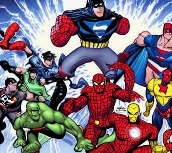 Prompt: Amazing fantasy art of marvel superheroes fighting against DC superheroes