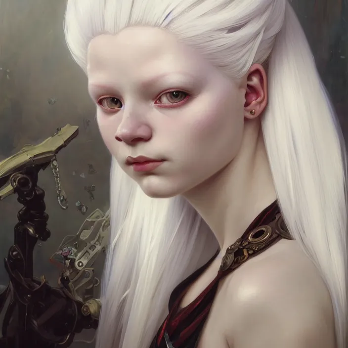 Image similar to excellent painted portrait of a albino girl with white hair, steampunk art, character artwork, 8k resolution artwork, trending on artstation, detailed oil painting portrait, art by artgerm and greg rutkowski and alphonse mucha and craig mullins and James Jean and Andrei Riabovitchev and Marc Simonetti and peter mohrbacher, matte painting