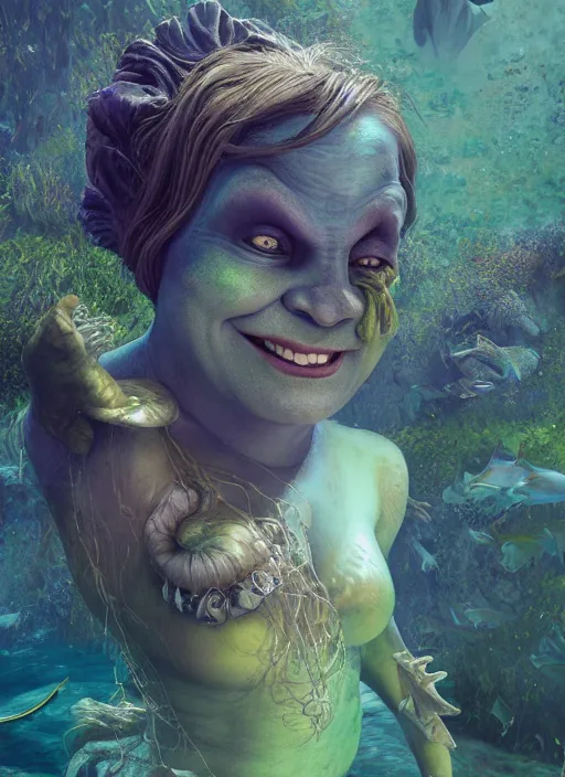 Image similar to underwater portrait of shrek as the mermaid, apocalypse, naturel, hyper detailed, digital art, trending in artstation, cinematic lighting, studio quality, smooth render, unreal engine 5 rendered, octane rendered, art style by klimt and nixeu and ian sprigger and wlop and krenz cushart.