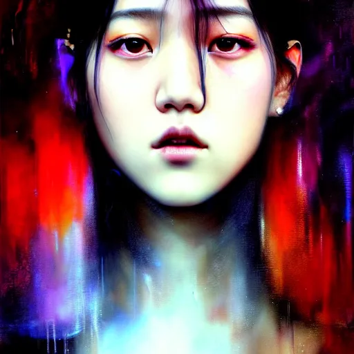 Image similar to jisoo of blackpink, hyperrealistic portrait, bladerunner street, by karol bak and agnes cecile, fantasy art, photo realistic, dynamic lighting, artstation, poster, volumetric lighting, very detailed face, 8 k, award winning