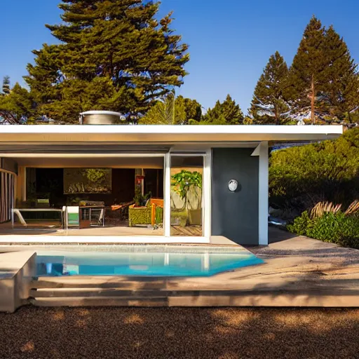 Image similar to a mid-century Eichler Home on the beach at sunset in the style of sunset magazine and dwell magazine. Highly detailed, photorealistic, 8k 35mm, award winning architecture photography