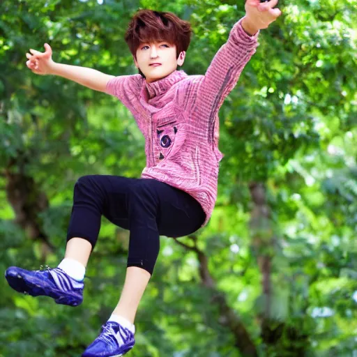 Image similar to Photo of Jeon Jungkook at 10 years old flying over a tree, realistic, real life, detailed picture, 8k, 35mm focal length