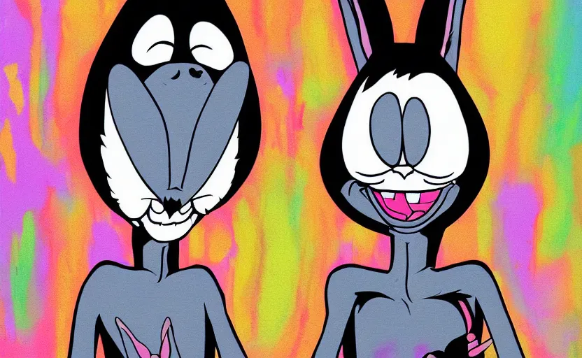 Image similar to Evil Bugs Bunny, Bad Acid Trip, Nightmare fuel, deceptive, conniving, malevolent, wicked, uncomfortable crooked smile, wide eyed, stiff necked, by Salvador Dhali