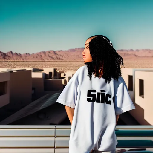 Image similar to photographic portrait of a streetwear woman, closeup, on the rooftop of a futuristic city overlooking a desert oasis, sigma 85mm f/1.4, 4k, depth of field, high resolution, 4k, 8k, hd, full color