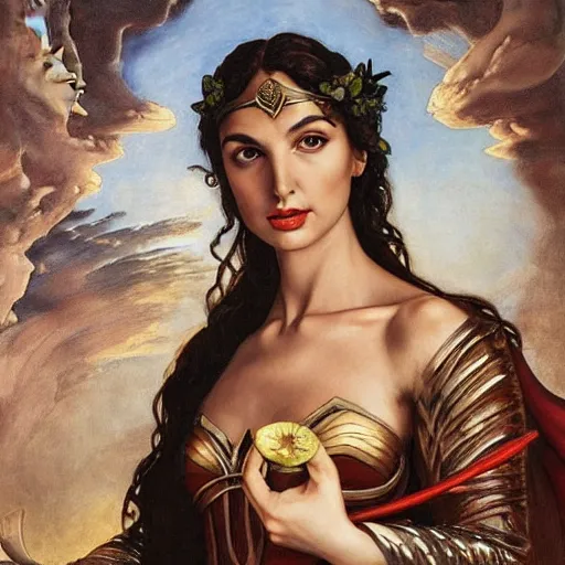 Image similar to Full body oil painting of the beautiful goddess Gal Gadot as Persephone, she is wearing roman clothes and a surreal jewelry, her hair is natural disheveled, she is approaching heaven over the clouds, naturalism, dramatic lighting, high-detailed oil painting by Ilya Repin, Michelangelo da Caravaggio, William Blake, Alex Grey and Beksinski, trending on Artsation, hystorical painting, naturalism, masterpiece, 4k, 8k,