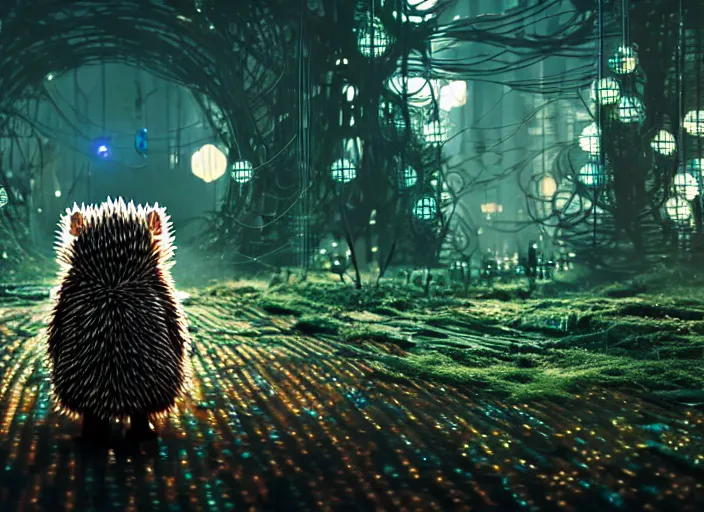 Image similar to intricate hedgehog with optic fibers instead of needles, on the background of a weird magical mechanical forest. Very detailed 8k. Fantasy cyberpunk horror. Sharp. Cinematic post-processing. Unreal engine. Nanite. Ray tracing. Parallax. Tessellation