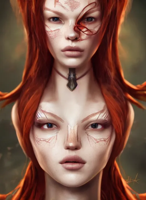 Image similar to Beautiful redhead girl which chest wrapped in bandages, portrait, fantasy, medieval, vivid colors, fantasy, elegant, concept art, sharp focus, beautiful face, digital art, Hyper-realistic, 4K, Unreal Engine, Highly Detailed, HD, Dramatic Lighting by Brom, trending on Artstation