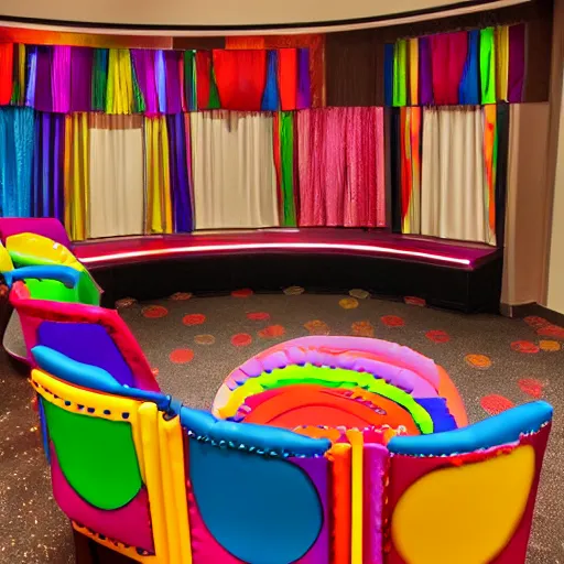 Image similar to a colorful theater dressing room made of candy