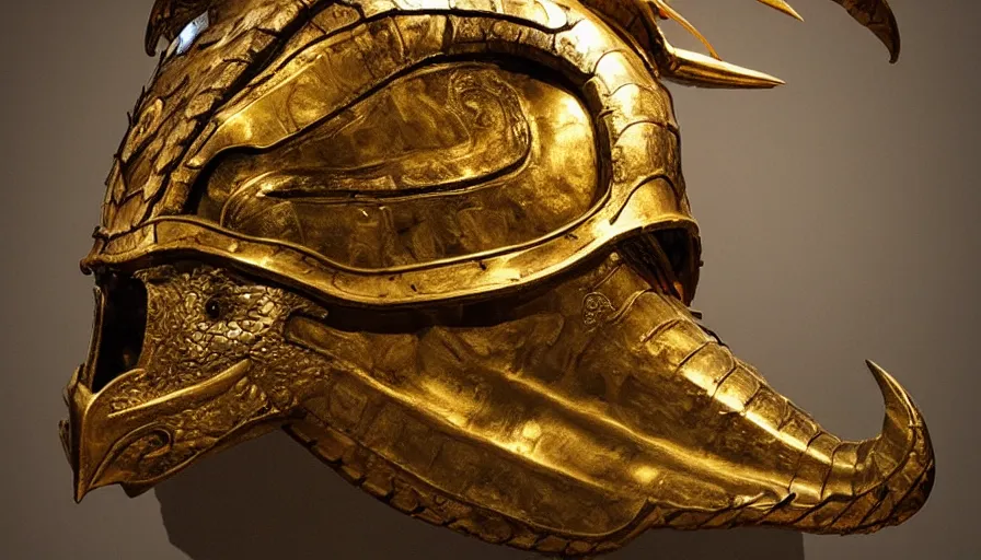 Image similar to viking dragon helmet in a museum, made from gold, photorealistic render