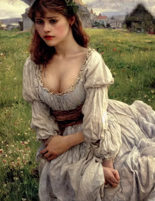 Image similar to tempting peasant girl with deep seductive décolleté looking in the camera, on a village, high angle view, portrait, Cinematic focus, Polaroid photo, vintage, neutral colors, soft lights, foggy, by Steve Hanks, by Serov Valentin, by lisa yuskavage, by Andrei Tarkovsky 8k render, detailed, oil on canvas