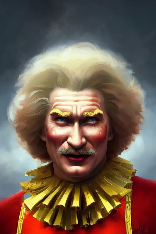 Image similar to / vladimir putin as ronald mcdonald, closeup, d & d, fantasy, intricate, elegant, highly detailed, digital painting, artstation, concept art, matte, sharp focus, illustration, hearthstone, art by artgerm and greg rutkowski and alphonse mucha