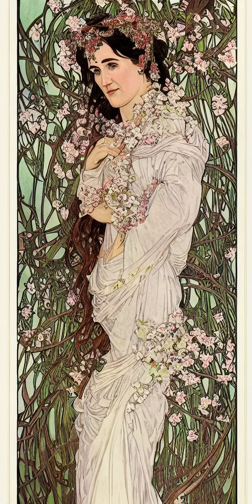 Prompt: realistic detailed Art Nouveau lithograph portrait of Jennifer Connelly wearing a flowing medieval dress and an elaborate jeweled headdress, surrounded by blossoming magnolia branches by Alphonse Mucha and Mark Brooks with elaborate frame border