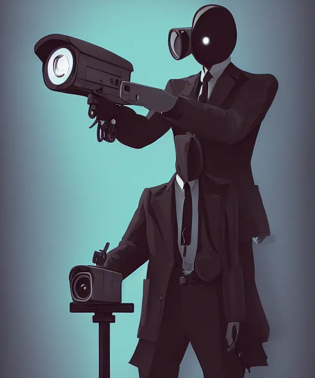 Prompt: a portrait of an anthropomorphic surveillance camera wearing a suit, holding a gun, cyberpunk!, fantasy, elegant, digital painting, artstation, concept art, matte, sharp focus, illustration, art by nick sullo