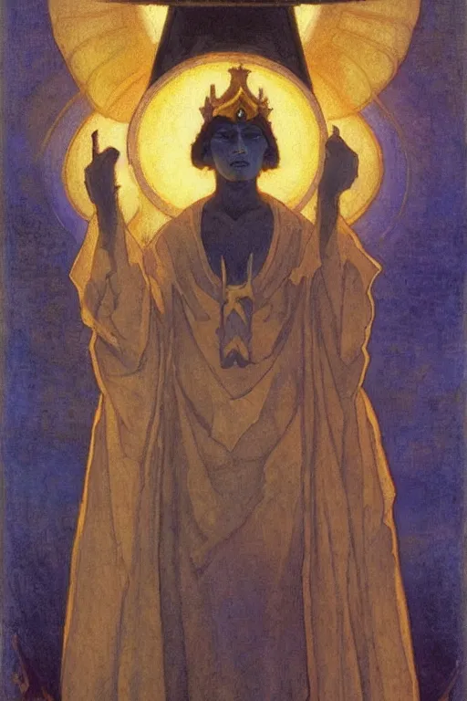 Image similar to child of darkness with his crown and lantern, by Nicholas Roerich and Annie Swynnerton and and jean delville, dramatic cinematic lighting , ornate headdress , flowing robes, sacred artifacts, lost civilizations, smooth, sharp focus, extremely detailed