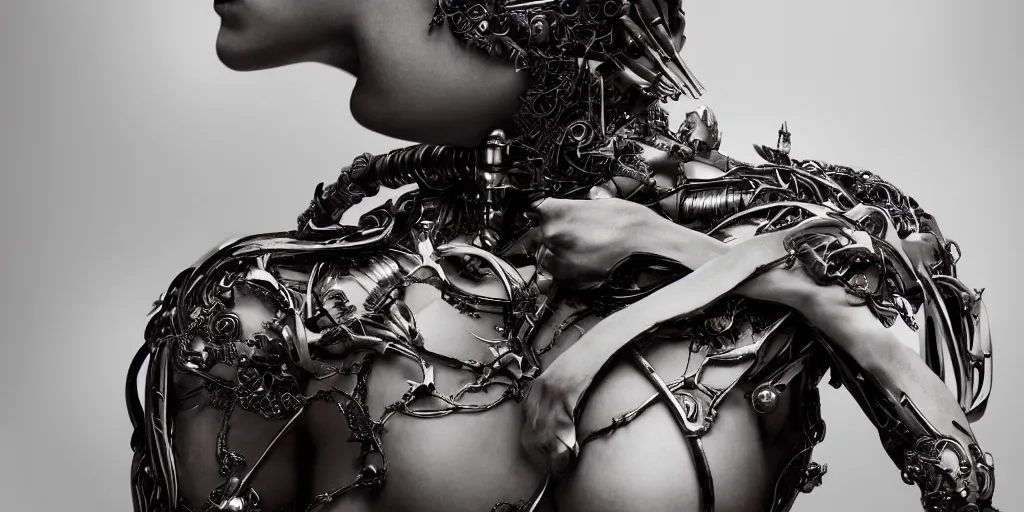 Image similar to hyper realistic photography of a stunningly beautiful cyborg female, plated arm, intimate, chest, holding close, ribbons, in the style of beth cavener, jin kagetsu,, and wlop, highly detailed, intricate filigree, symmetry, masterpiece, award winning, sharp focus, concept art, highkey lighting, ambient lighting, octane render, 8 k, artstation