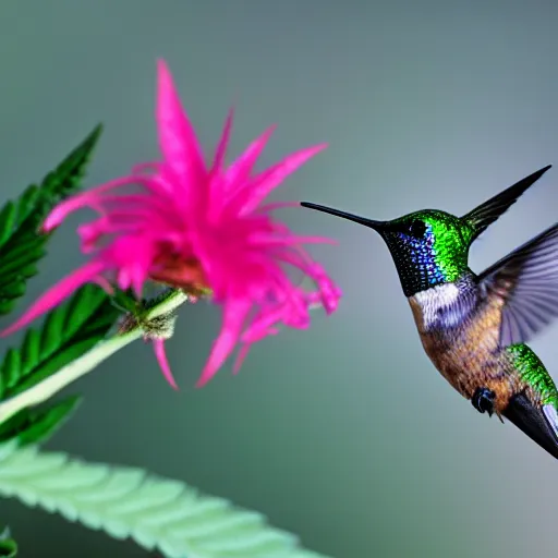 Image similar to beautiful hummingbird drinking from a marijuana plant, wildlife photography, highly detailed, high quality, 8 k, soft lighting,