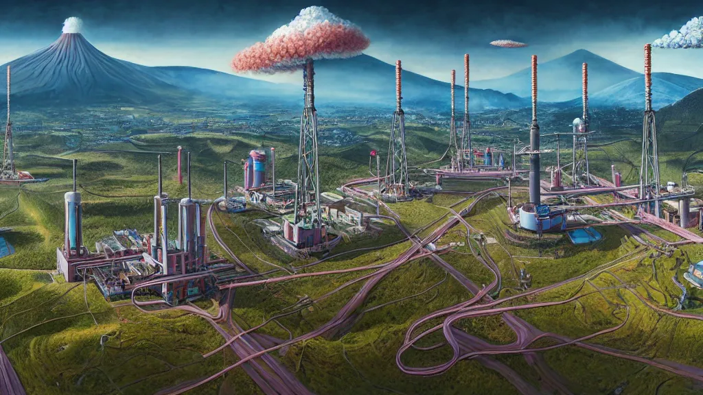 Image similar to Nuclear Breeder Reactors integrated with the town of Quito by Simon Stålenhag and Vincent Callebaut, oil on canvas; Art Direction by Adam Adamowicz; 4K, 8K; Ultra-Realistic Depth Shading