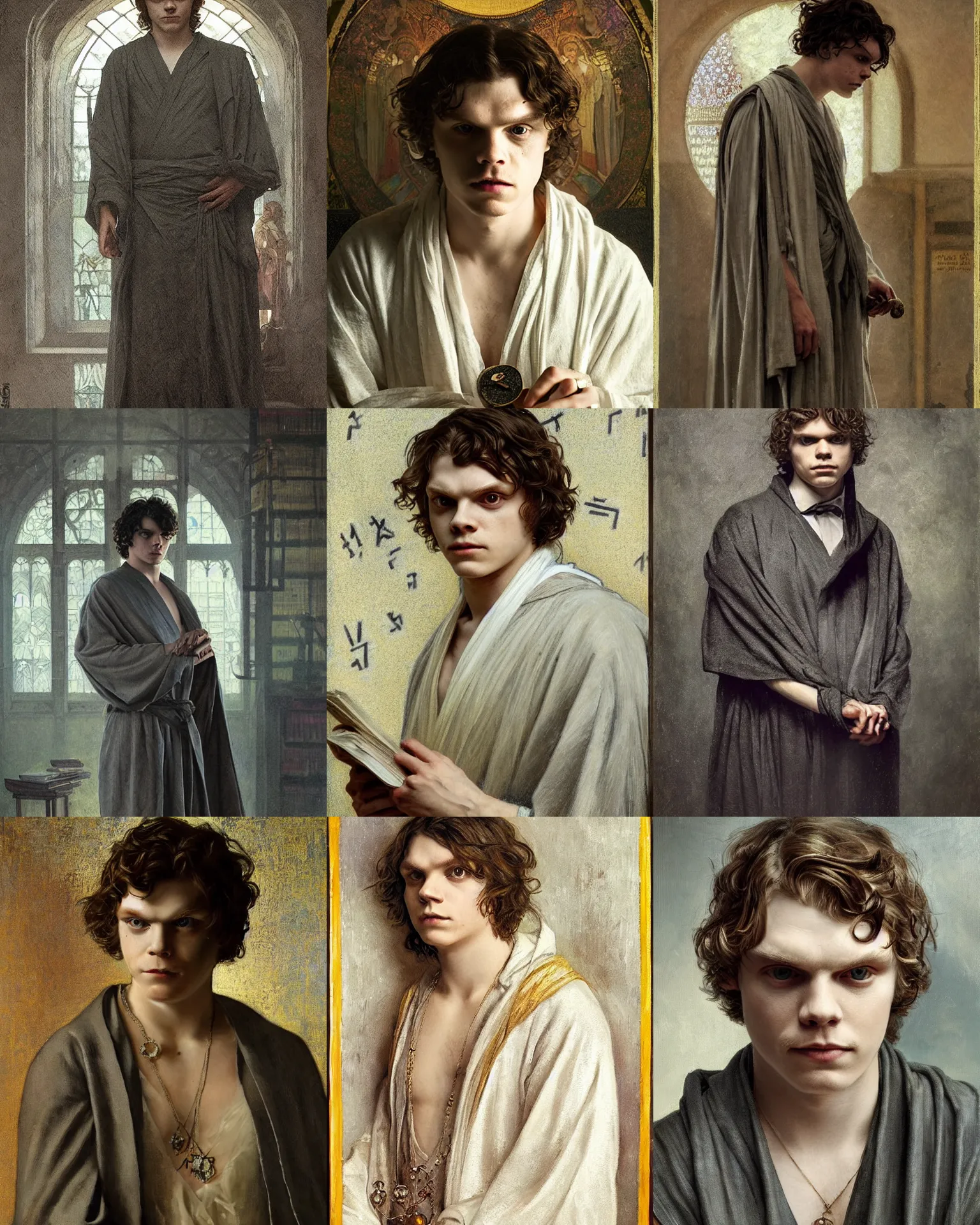 Prompt: portrait of evan peters in gray robes, runes, jewelry, mystical, ethereal, magical library bokeh, painting by greg rutkowski and alphonse mucha