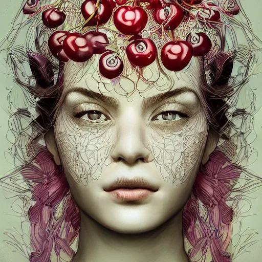 Image similar to the portrait of an incredibly beautiful woman partially made of onions and cherries, an ultrafine detailed illustration by james jean, final fantasy, intricate linework, bright colors, behance contest winner, vanitas, angular, altermodern, unreal engine 5 highly rendered, global illumination, radiant light, detailed and intricate environment