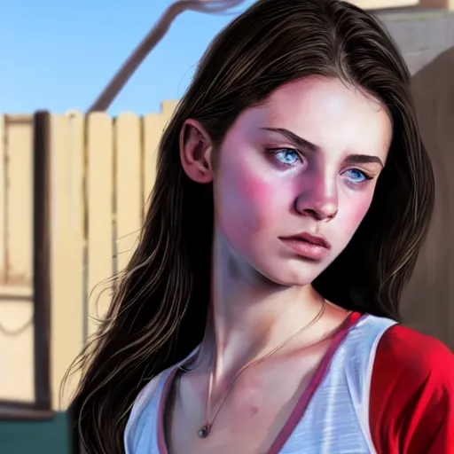 Image similar to portrait of a brunette thin teenager girl with blue eyes in gta 5, light stubble with red shirt, inside modern school ,digital art,photorealistoc,art by greg rutkowski,hyperdetailed,western comic style,comic,comic style,sharp lineart,professional lighting,deviantart,artstation,trevor henderson,rossdtaws,cinematic,dramatic