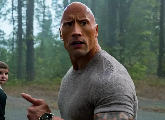 Image similar to film still of dwayne the rock johnson as eleven using psychic powers in the new stranger things movie, 4 k, highly detailed face, detailed eyes