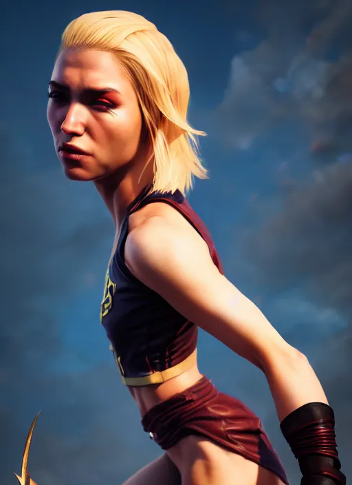 Image similar to An epic fantasy comic book style portrait painting of an athletic female thief with blonde hair dancing, unreal 5, DAZ, hyperrealistic, octane render, cosplay, RPG portrait, dynamic lighting, high detail