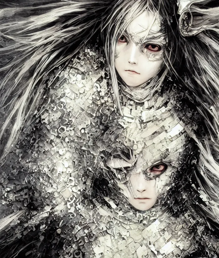 Image similar to Yoshitaka Amano realistic illustration of an anime girl with wavy white hair and cracks on her face wearing dark souls armour with the cape fluttering in the wind, abstract black and white patterns on the background, noisy film grain effect, highly detailed, Renaissance oil painting, weird portrait angle
