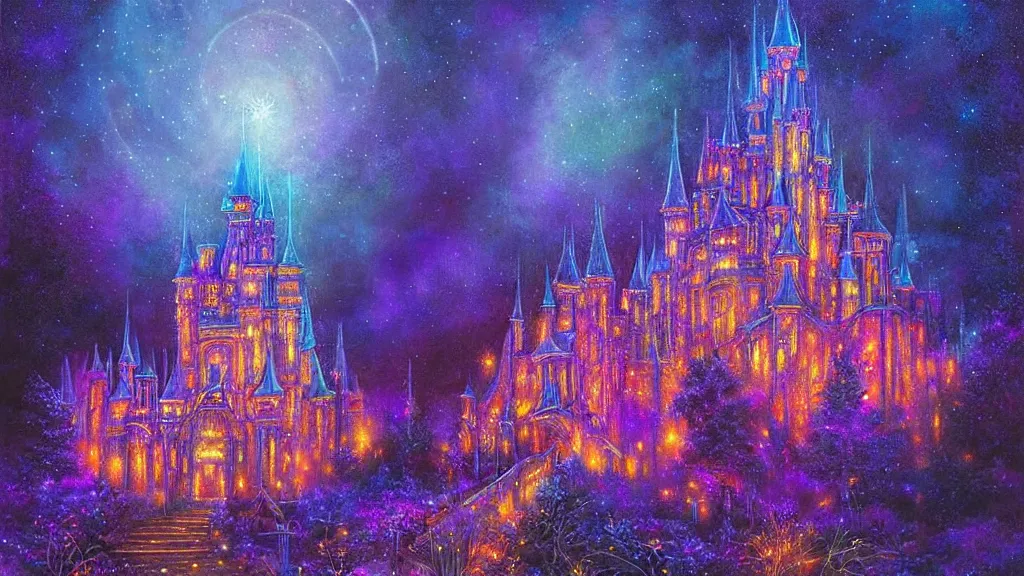 Image similar to a magical crystal castle made of light inspired by gilbert williams enveloped in trails of colorful lights around it. clean painting and auora lighting. dark blue and intense purple color palette, art by gilbert williams