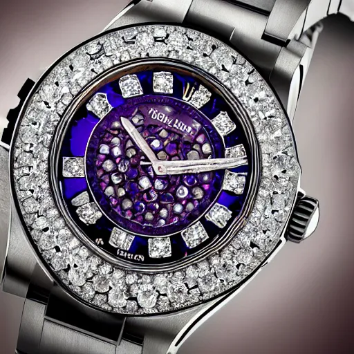 Prompt: vvs diamond alexandrite sapphire watch, intricate design, rolex, cogs and gears, steampunk watch, bejeweled beautiful watch, richard mille, promotional photo, 8 k photography