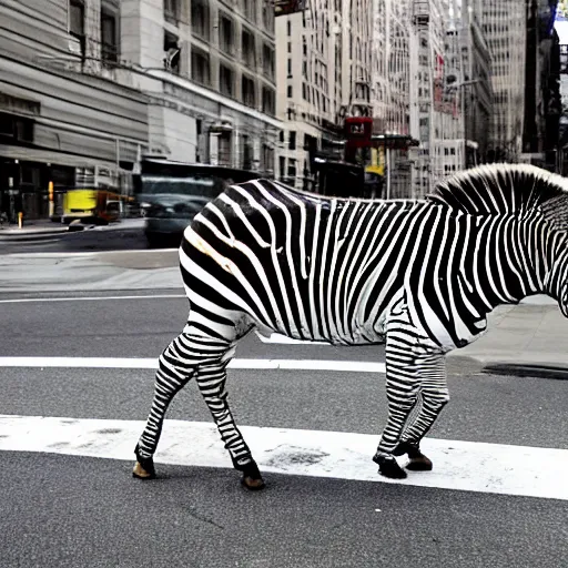 Prompt: a lomo photo of a beautiful zebra (animal) walking nicely across a zebra crossing in manhattan