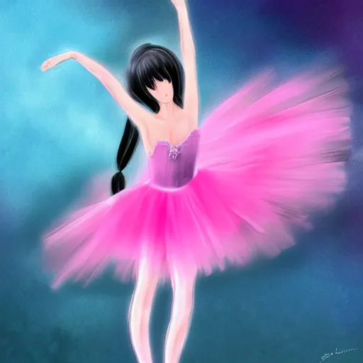 Image similar to a beautiful anime ballerina with long black hair, wearing a pink tutu, digital art, fantasy art