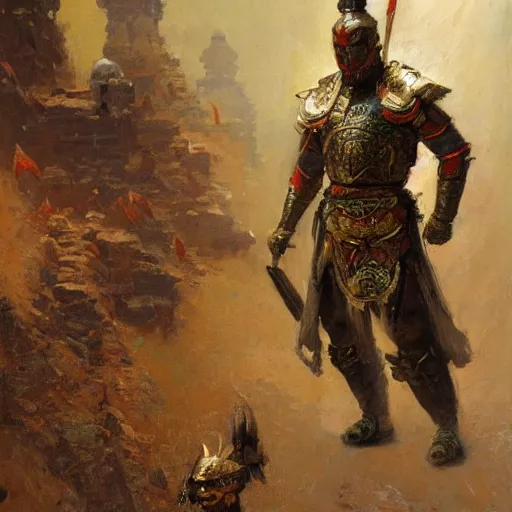 Prompt: a man wearing chinese armor, muscular, painting by Gaston Bussiere, Craig Mullins