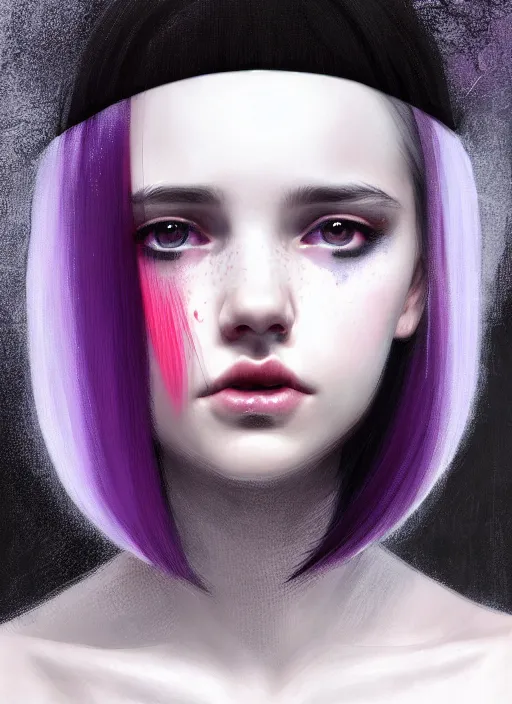 Image similar to portrait of teenage girl with white bangs, red irises, bangs, black and white hair, purple clothes, white bangs, two color hair, black hair and white bangs, intricate, elegant, glowing lights, highly detailed, digital painting, artstation, concept art, smooth, sharp focus, illustration, art by wlop, mars ravelo and greg rutkowski