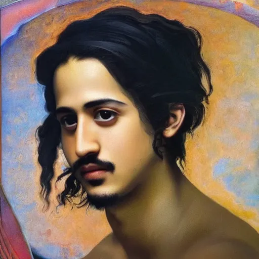 Prompt: Oil painting of the handsome Avan Jogia with angel wings, naturalism, dramatic lighting, high-detailed oil painting by Ilya Repin, Michelangelo da Caravaggio, William Blake, Alex Grey and Beksinski, trending on Artsatio, masterpiece, 4k, 8k,