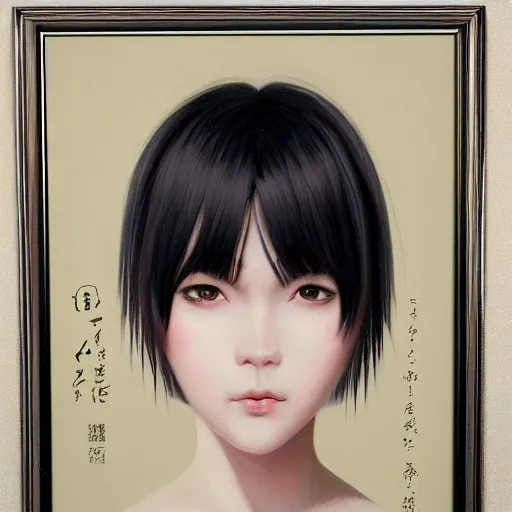 Image similar to Portret of Nakamura Aya, lilac eyes, straight black hair cut in a bob, japanese school uniform, front closeup, highly detailed, centered, oil painting, artstation, anime painting by WLOP