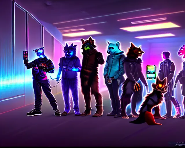 Image similar to high - resolution photograph from a cyberpunk era furry fandom convention ( midwest furfest 2 0 4 7 ), taking place after the genetic revolution and quantum singularity. photorealistic.