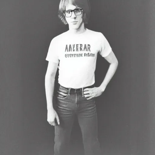 Prompt: photo from the 7 0 s of a medium haired redhead awkward guy with a t - shirt and high pants, large glasses, polaroid