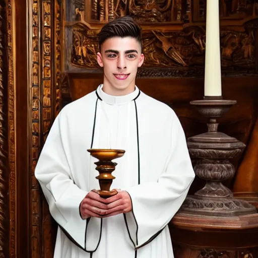 Image similar to attractive kai havertz wearing priest outfit holding large detailed ivory candlestick. natural lighting by photorealistic, portrait. 8 k high definition