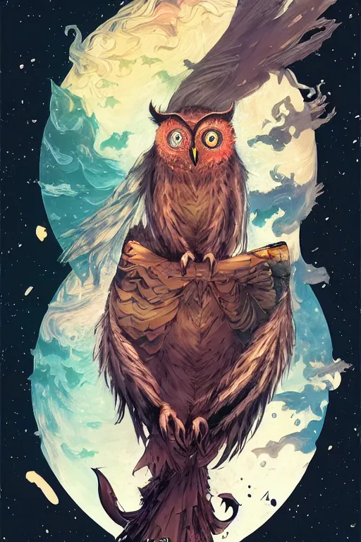 Image similar to otherworldly owl, pixiv fanbox, cinematic light, anime style, graphic novel by fiona staples and dustin nguyen, peter elson, alan bean, wangechi mutu, clean cel shaded vector art, trending on artstation