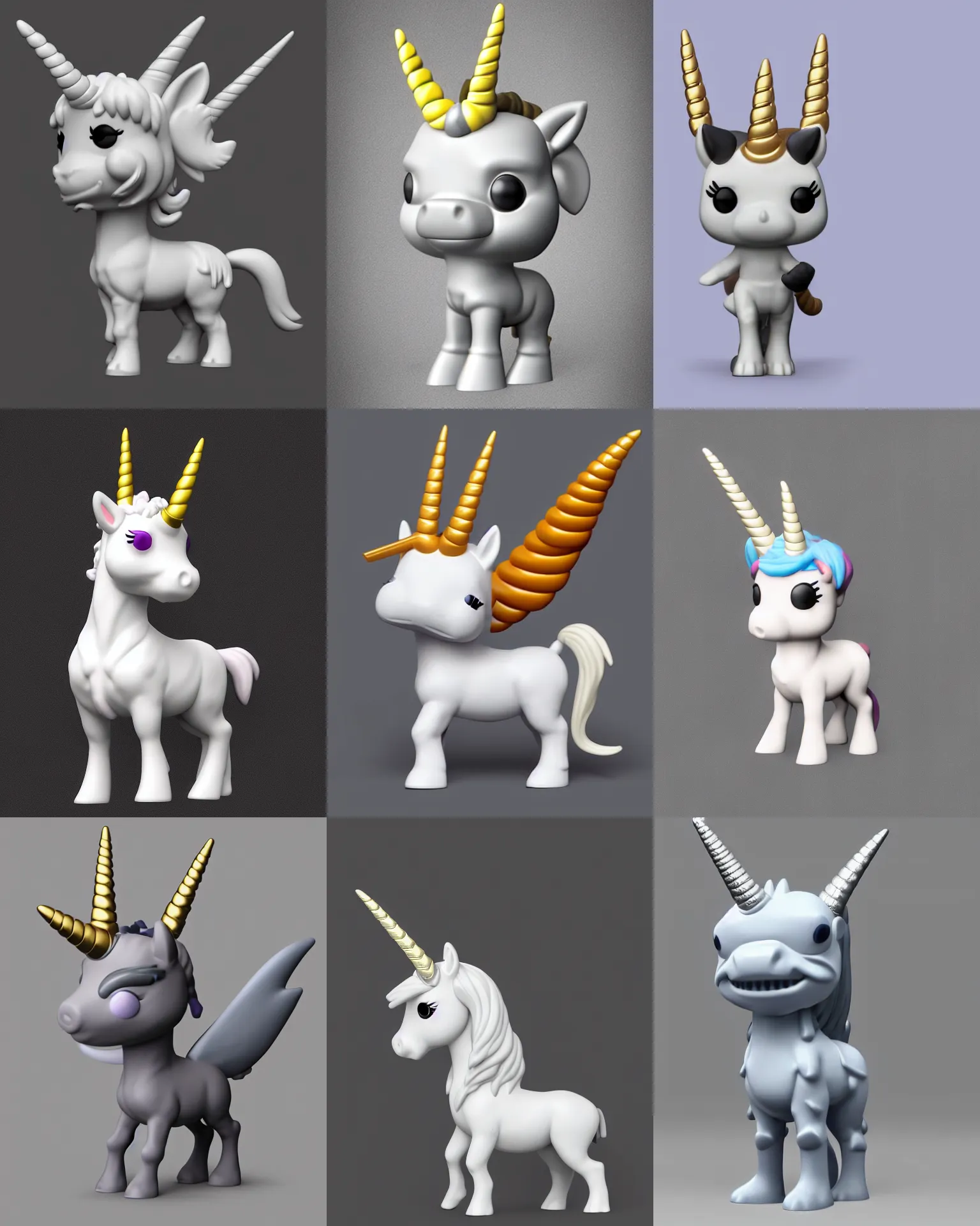 Prompt: full body 3 d render of one horn unicorn as a funko pop!, studio lighting, grey background, single body, no shadow, blender, trending on artstation, 8 k, highly detailed