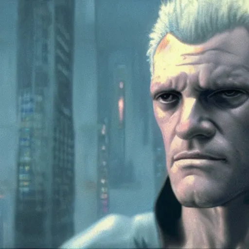 Image similar to Batou looking at camera in the style Ghost in the shell. Moebius, cyberpunk, masterpiece