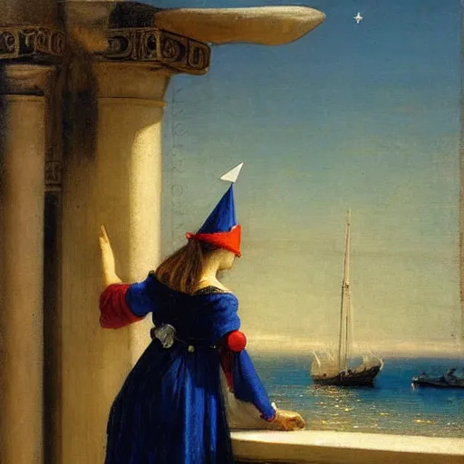 Prompt: A girl with jester hat and clothes on a greek circle archi on the front of a Balustrade with a beach and a sail boat on the background, night night night night night, major arcana cards, by paul delaroche and arnold böcklin hyperrealistic 8k, very detailed