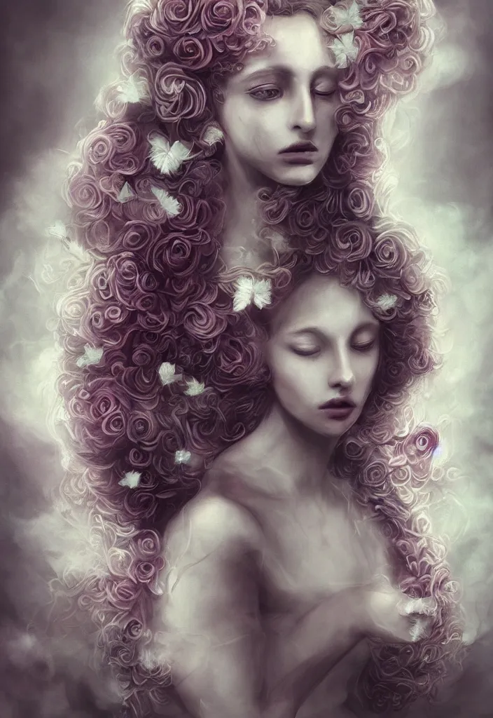 Prompt: surreal, beautiful, haunting young woman made out of smoke and clouds, ghost, apparition, in renaissance times, detailed gorgeous face, flowing hair, vaporwave aesthetic, synthwave long luxurious gown made out of pearls, hair done up with flowers and ribbons, digital art, butterflies, birds, digital painting, artstation, concept art, smooth, sharp focus, illustration, art by artgerm and greg rutkowski and alphonse mucha