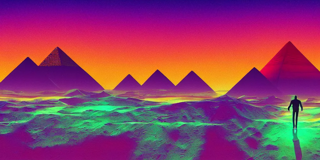 Image similar to purple digital desert, dawn, man in holographic coat, pyramids on the horizon, abstract holographic pastel, 1 9 8 0 s retro futuristic art, synthwave, vaporwave style