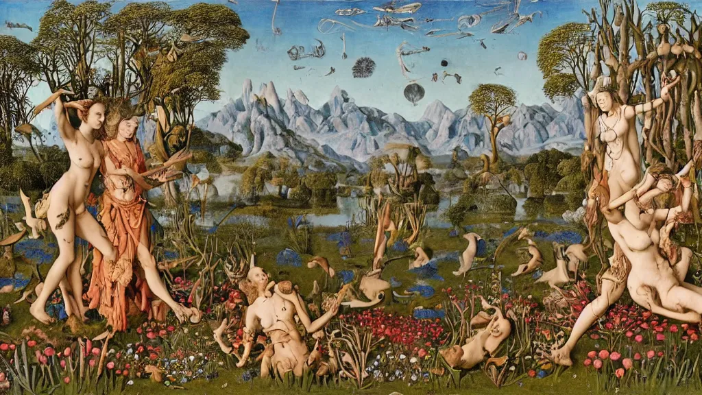 Image similar to a photograph of a meditating centaur shaman and a harpy mermaid mutating into a stampede of beasts. surrounded by bulbous flowers and a few trees. river delta with mountains under a blue sky full of burning stars and birds. painted by jan van eyck, max ernst, ernst haeckel, ernst fuchs and artgerm. trending on artstation